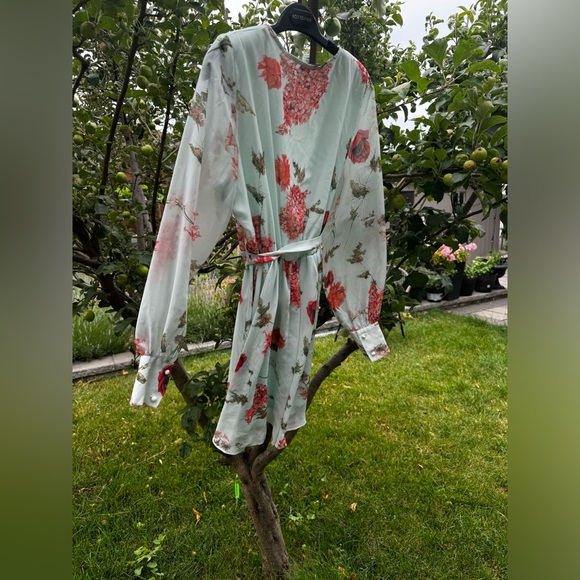 JF LEFON Mint Green Floral Long Sleeve Faux Wrap Belted Mini Dress, Sz L - Picture 5 of 16